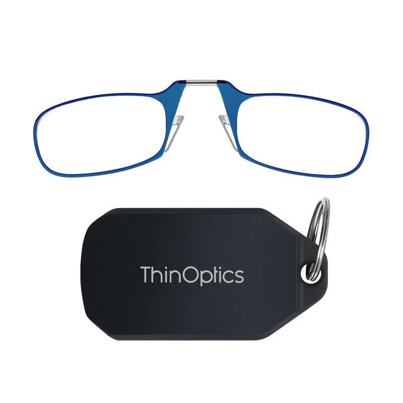 ثين أوبتيكس نظارات قراءة مستطيلة الشكل من ThinOptics Keychain Reader، حافظة سوداء/إطارات زرقاء، 44 ملم + 2 - Image 1